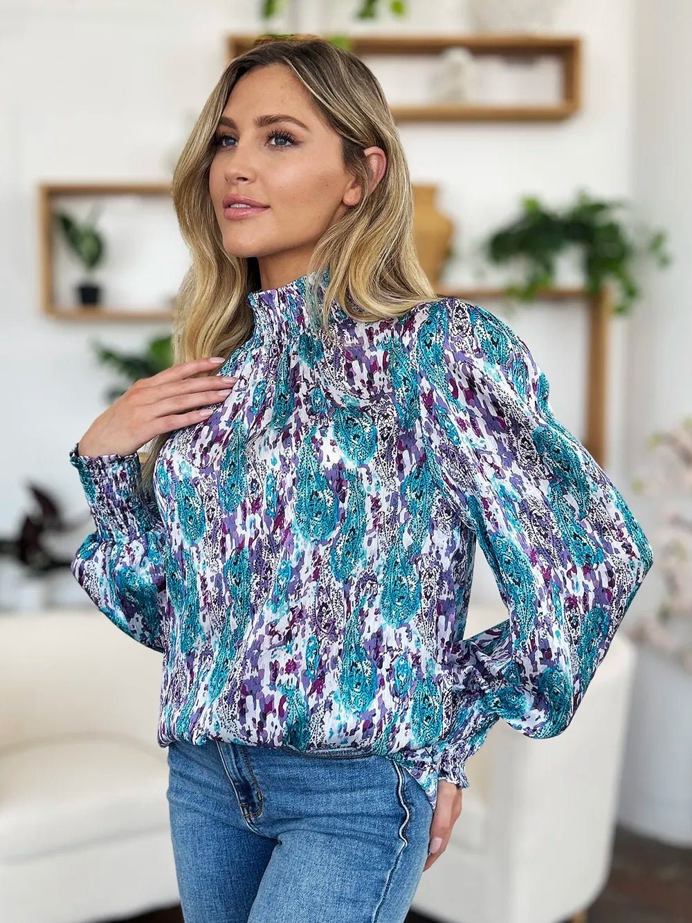 Double Take Full Size Printed Smocked Long Sleeve Blouse - Lookzlike