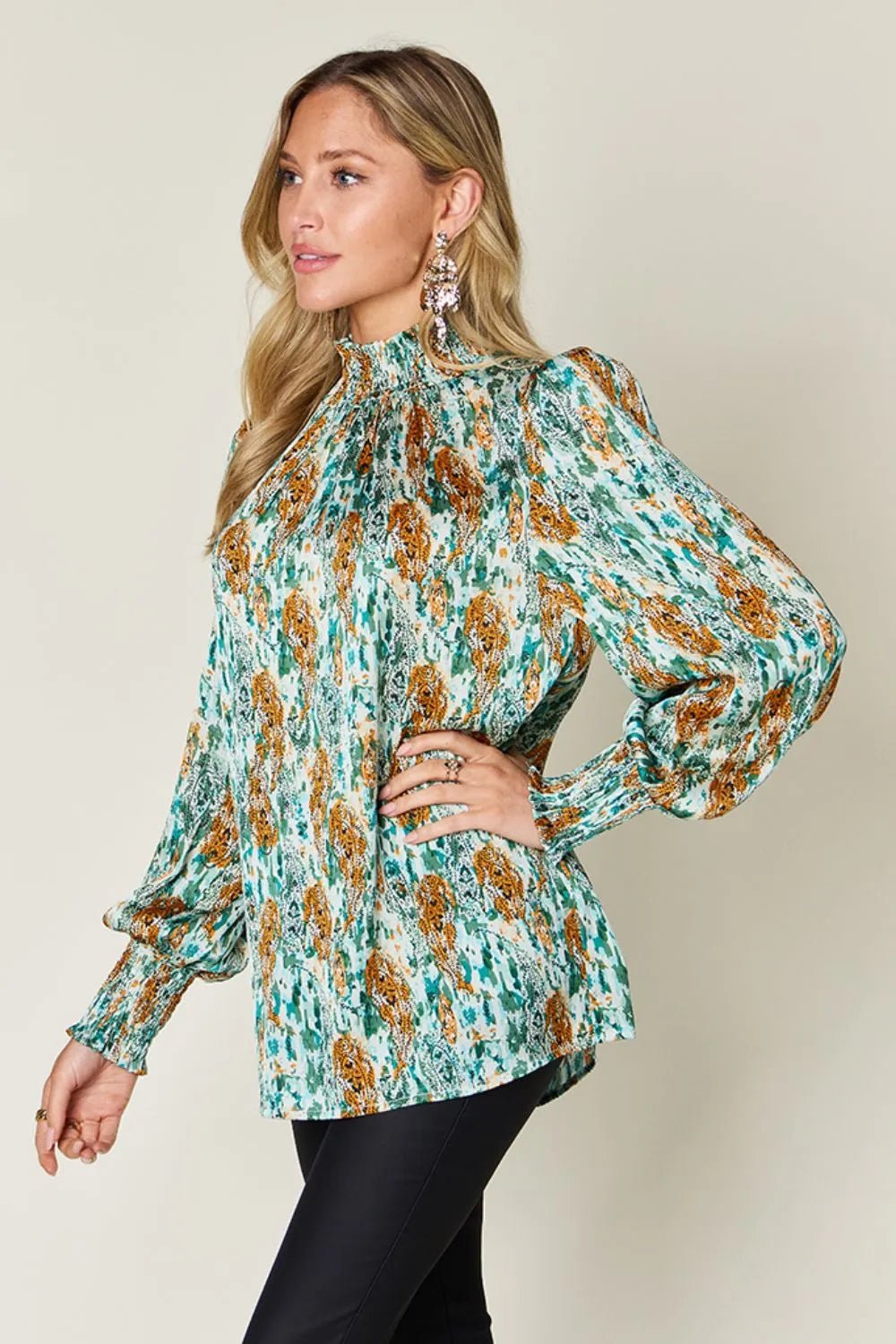 Double Take Full Size Printed Smocked Long Sleeve Blouse - Lookzlike