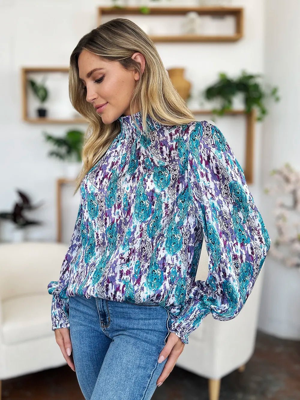 Double Take Full Size Printed Smocked Long Sleeve Blouse - Lookzlike