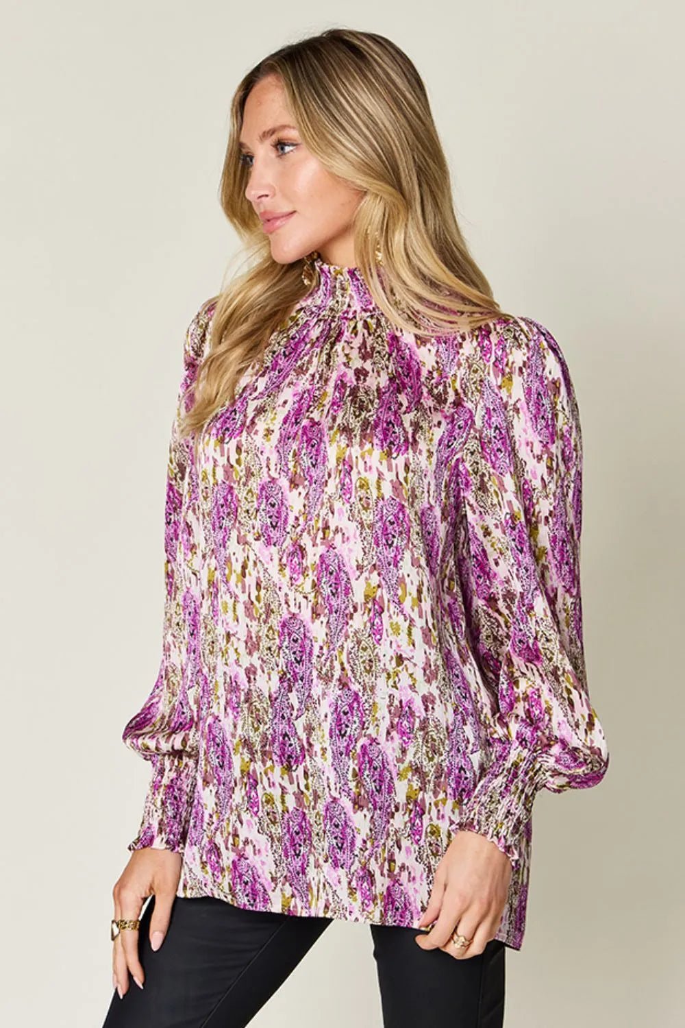 Double Take Full Size Printed Smocked Long Sleeve Blouse - Lookzlike