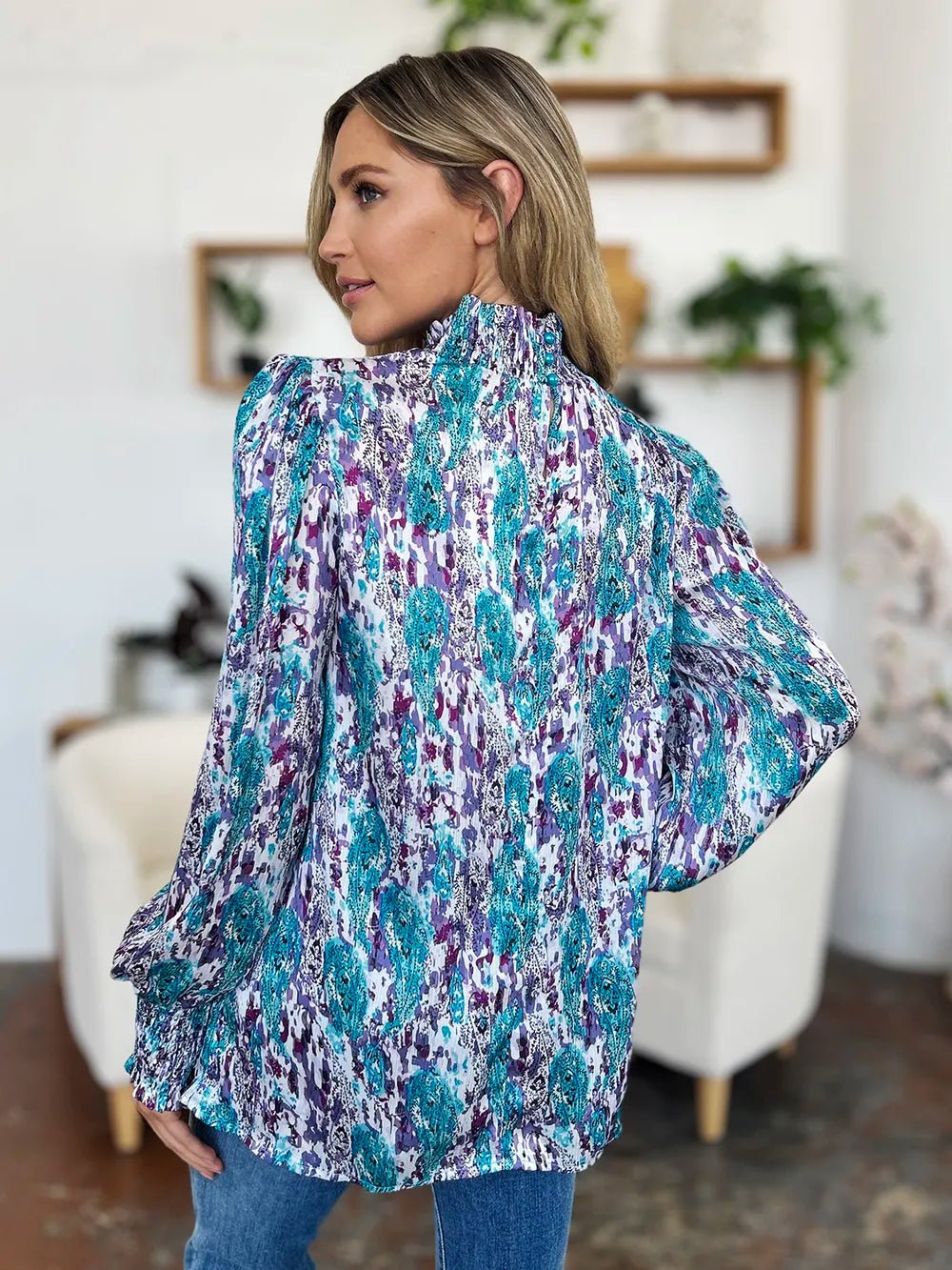 Double Take Full Size Printed Smocked Long Sleeve Blouse - Lookzlike