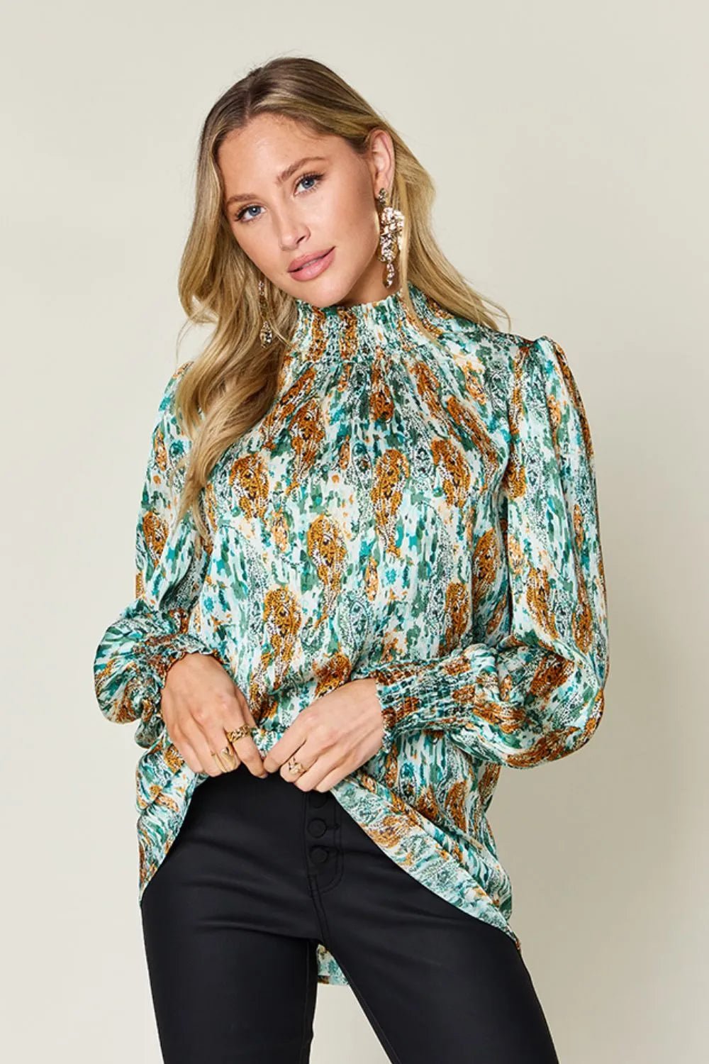 Double Take Full Size Printed Smocked Long Sleeve Blouse - Lookzlike