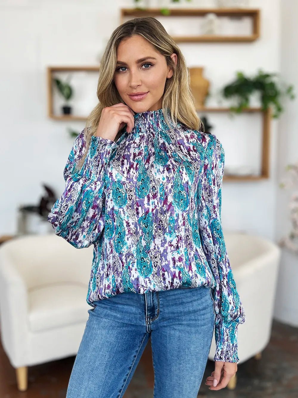 Double Take Full Size Printed Smocked Long Sleeve Blouse - Lookzlike