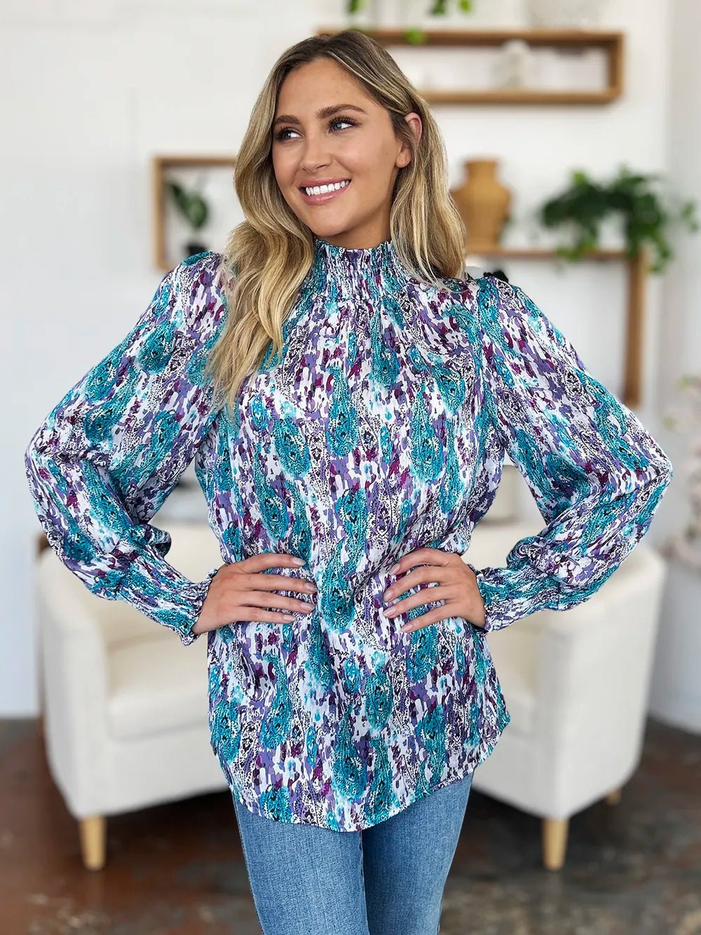 Double Take Full Size Printed Smocked Long Sleeve Blouse - Lookzlike