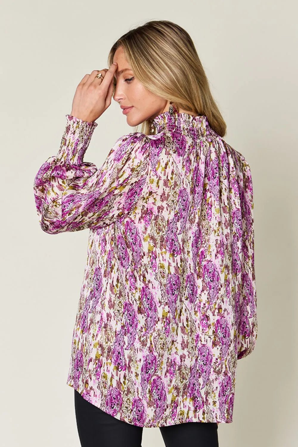 Double Take Full Size Printed Smocked Long Sleeve Blouse - Lookzlike