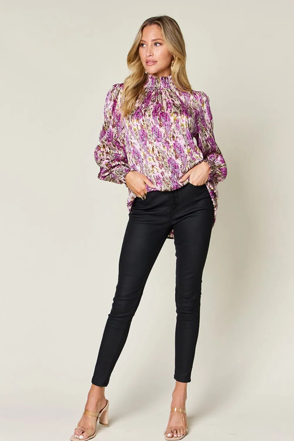 Double Take Full Size Printed Smocked Long Sleeve Blouse - Lookzlike
