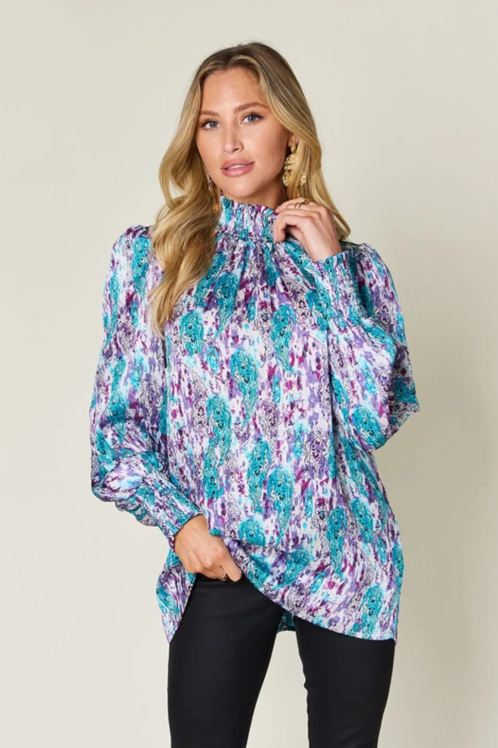 Double Take Full Size Printed Smocked Long Sleeve Blouse - Lookzlike