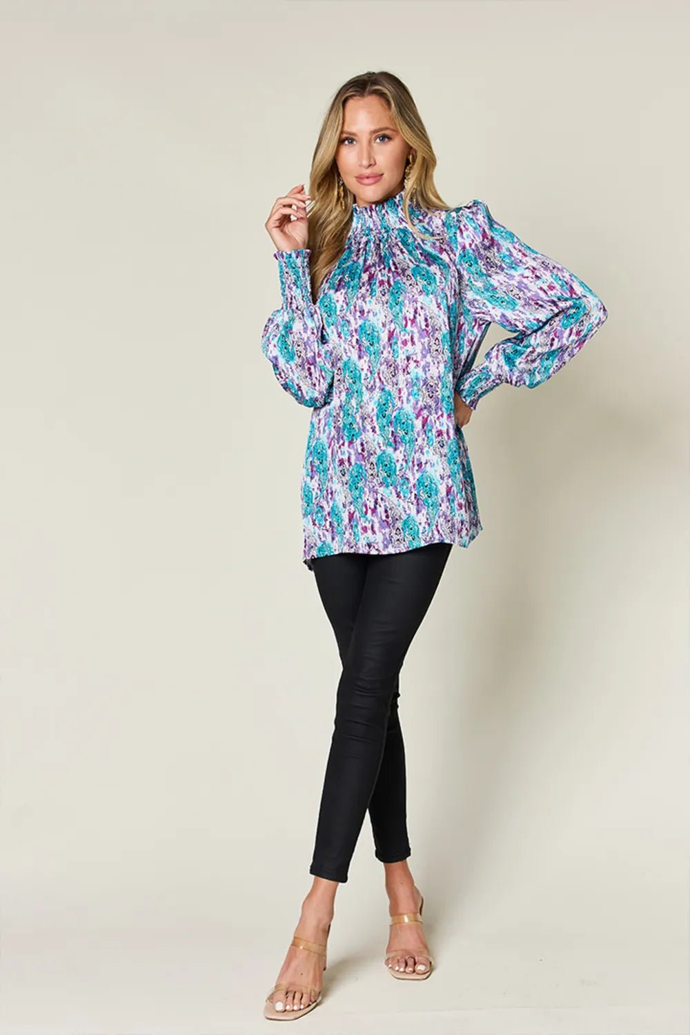 Double Take Full Size Printed Smocked Long Sleeve Blouse - Lookzlike