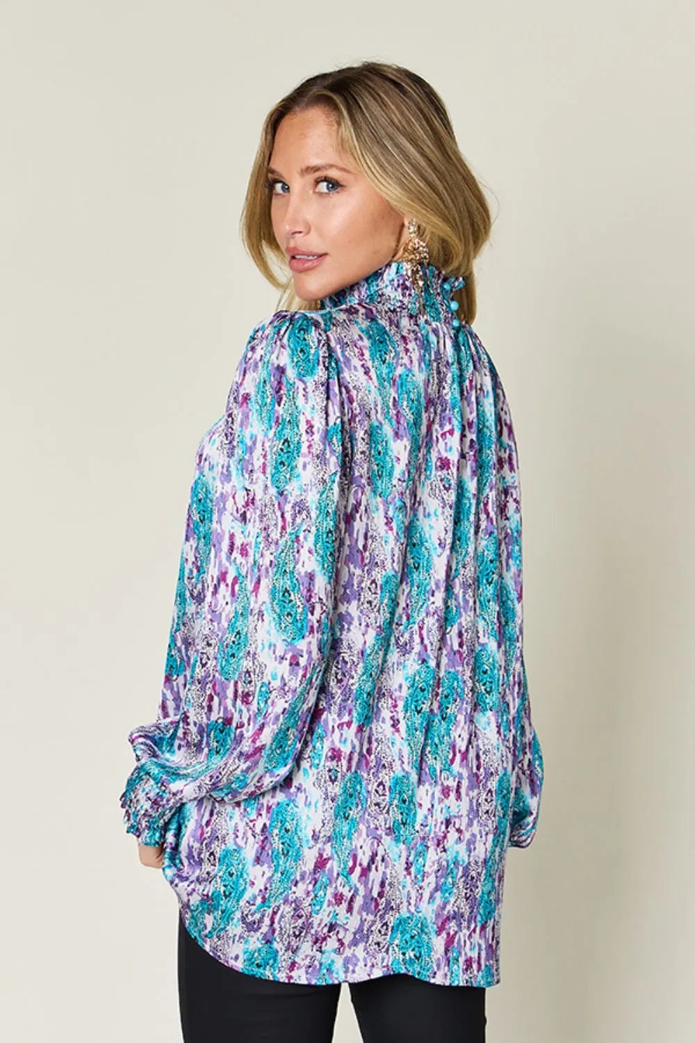 Double Take Full Size Printed Smocked Long Sleeve Blouse - Lookzlike