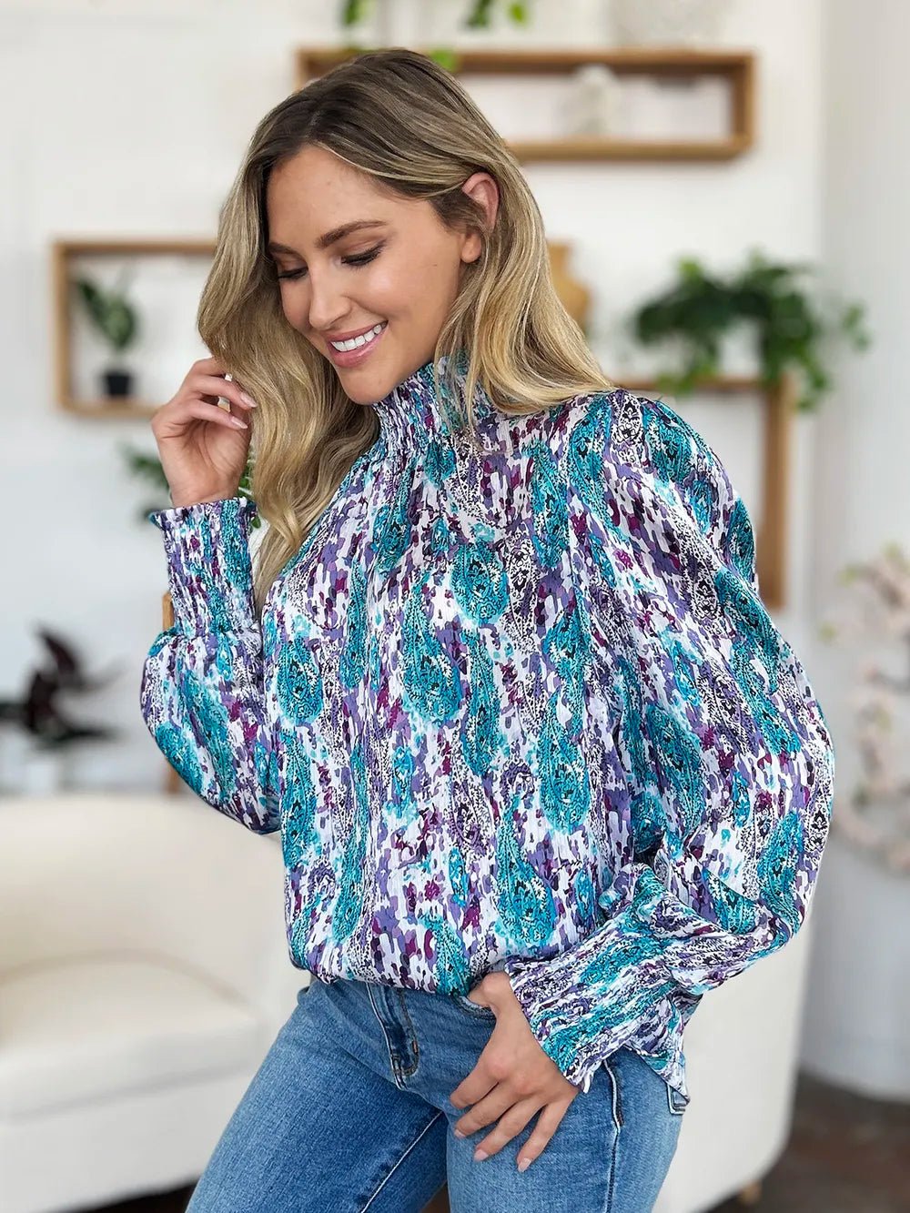 Double Take Full Size Printed Smocked Long Sleeve Blouse - Lookzlike