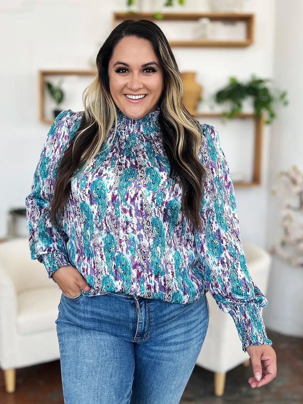 Double Take Full Size Printed Smocked Long Sleeve Blouse - Lookzlike