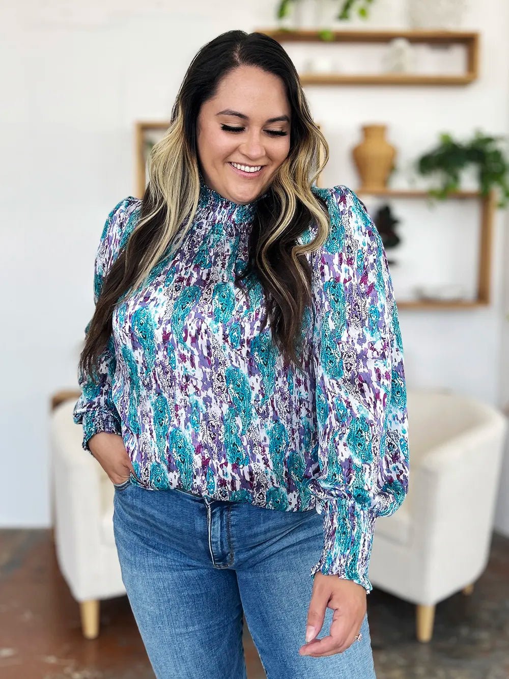 Double Take Full Size Printed Smocked Long Sleeve Blouse - Lookzlike