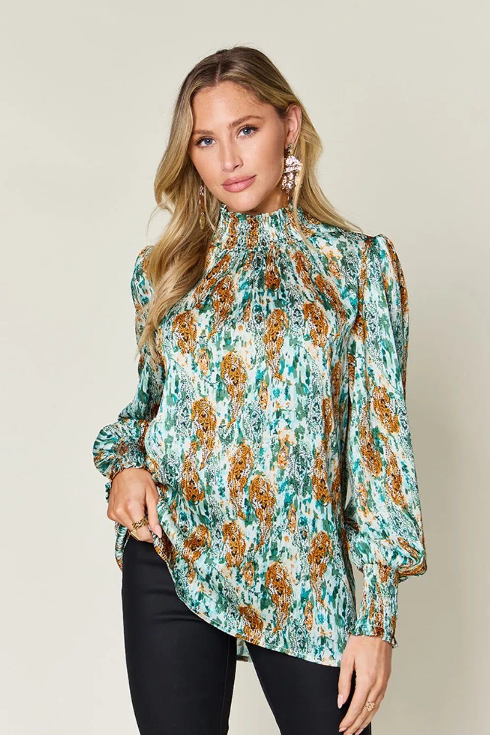 Double Take Full Size Printed Smocked Long Sleeve Blouse - Lookzlike