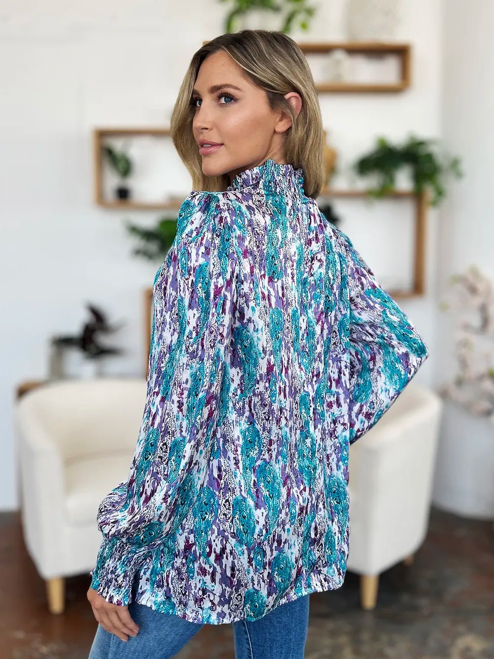 Double Take Full Size Printed Smocked Long Sleeve Blouse - Lookzlike