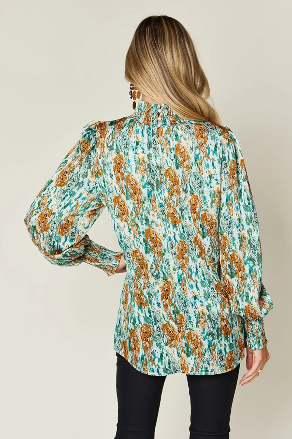 Double Take Full Size Printed Smocked Long Sleeve Blouse - Lookzlike