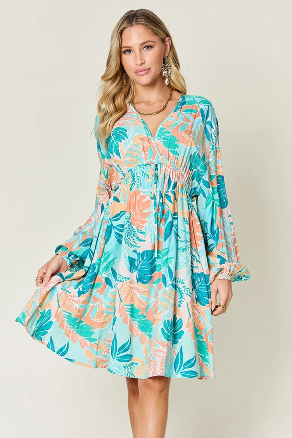 Double Take Full Size Printed V-Neck Drawstring Dress - Lookzlike