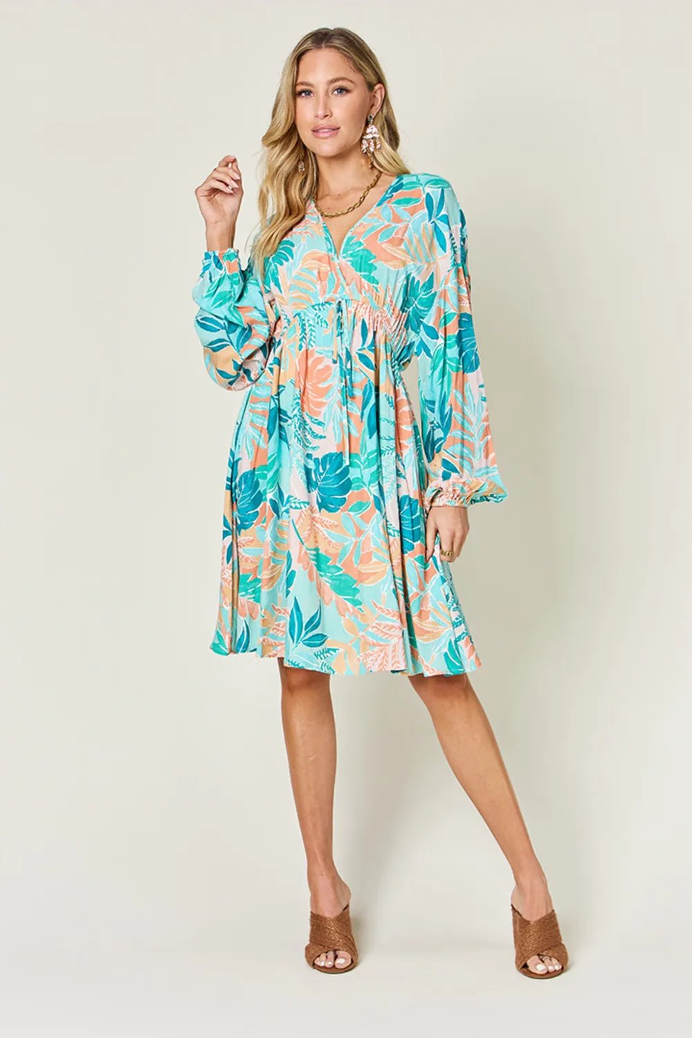 Double Take Full Size Printed V-Neck Drawstring Dress - Lookzlike