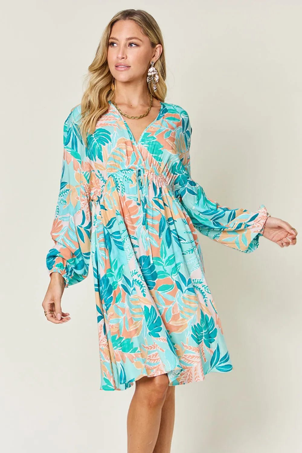 Double Take Full Size Printed V-Neck Drawstring Dress - Lookzlike