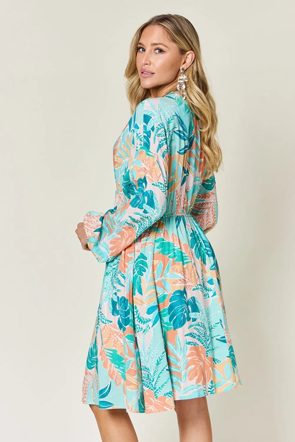 Double Take Full Size Printed V-Neck Drawstring Dress - Lookzlike
