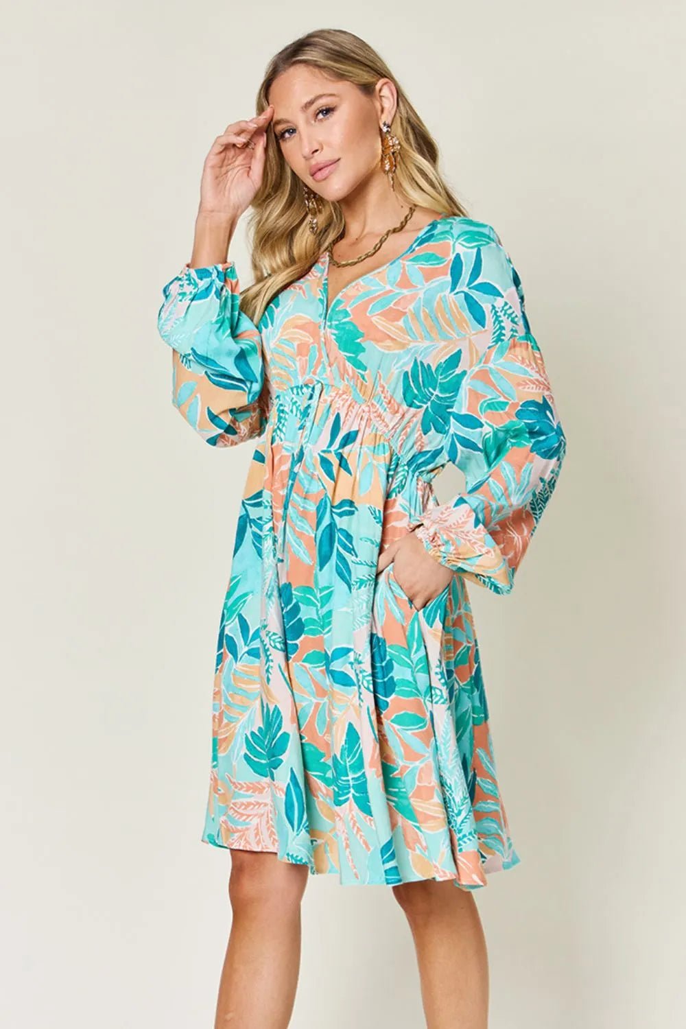 Double Take Full Size Printed V-Neck Drawstring Dress - Lookzlike