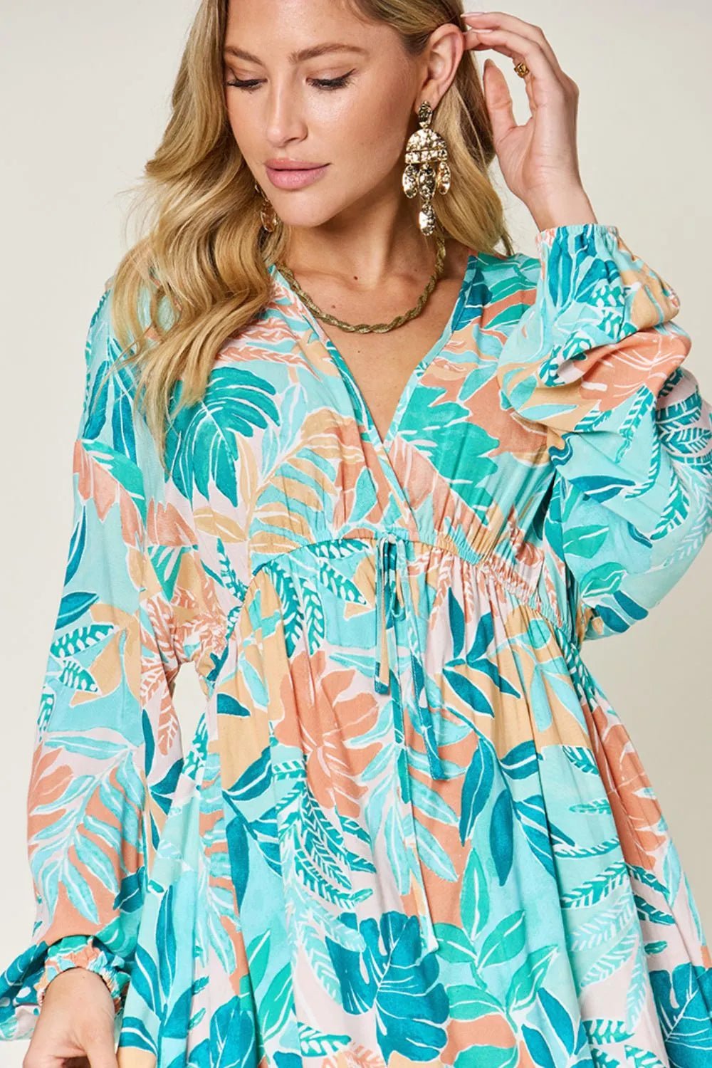 Double Take Full Size Printed V-Neck Drawstring Dress - Lookzlike