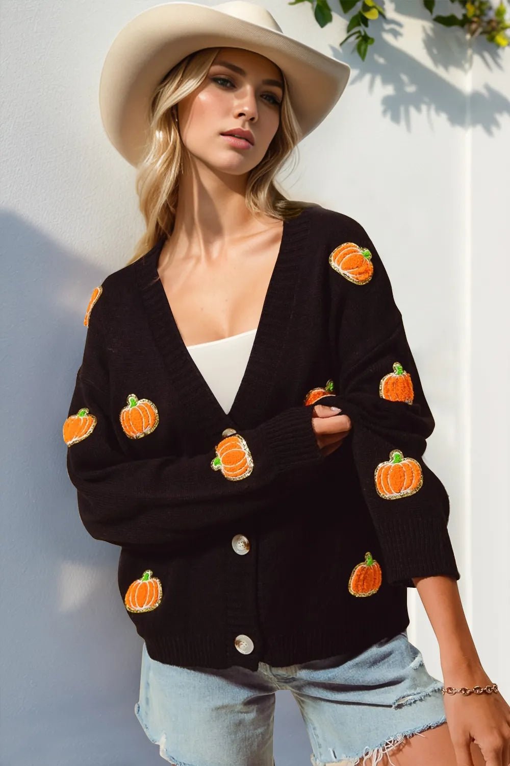 Double Take Full Size Pumpkin Button Up Long Sleeve Cardigan designed for comfort and style at Lookzlike
