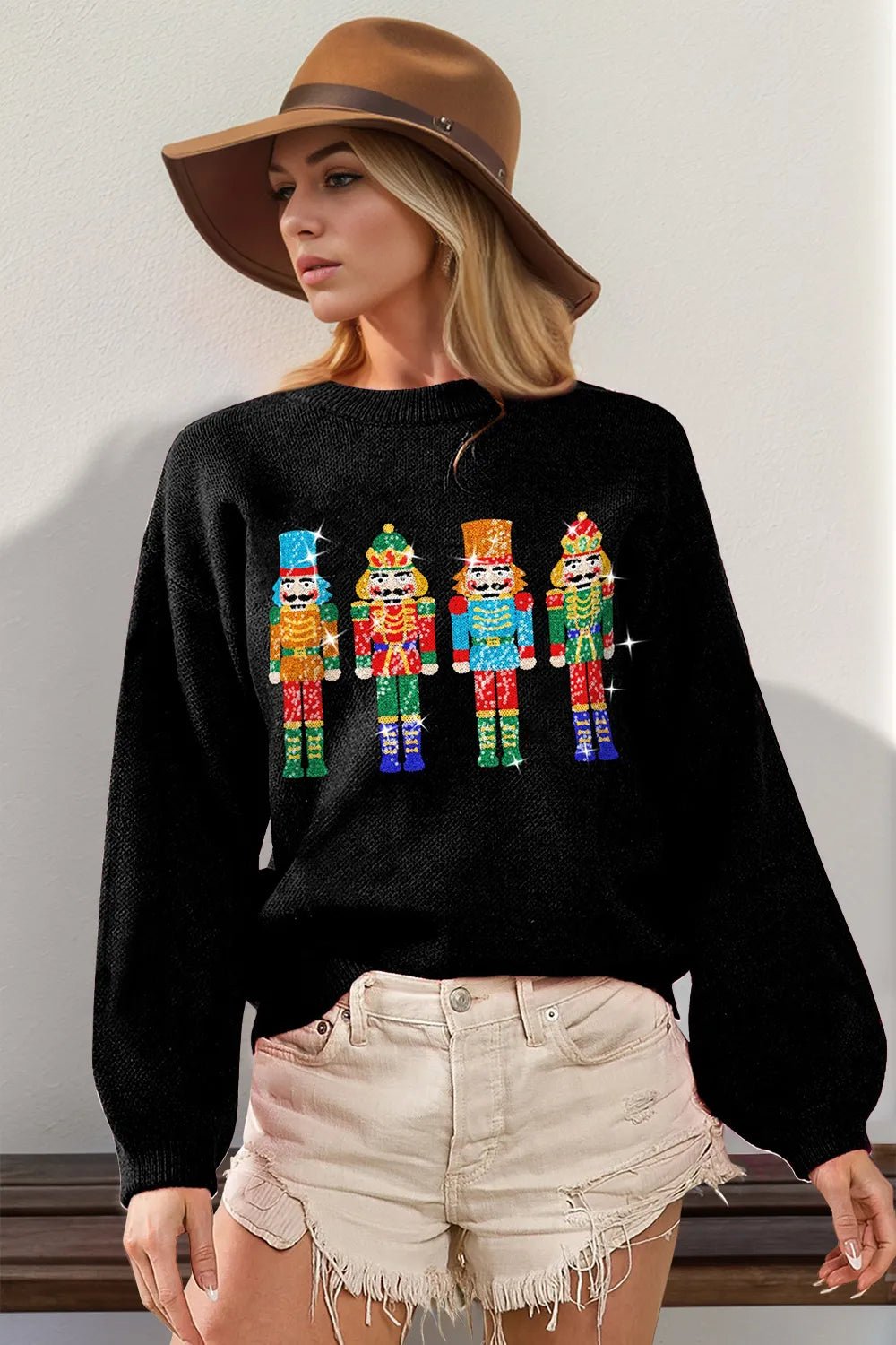 Double Take Full Size Sequin Nutcracker Long Sleeve Sweater designed for comfort and style at Lookzlike