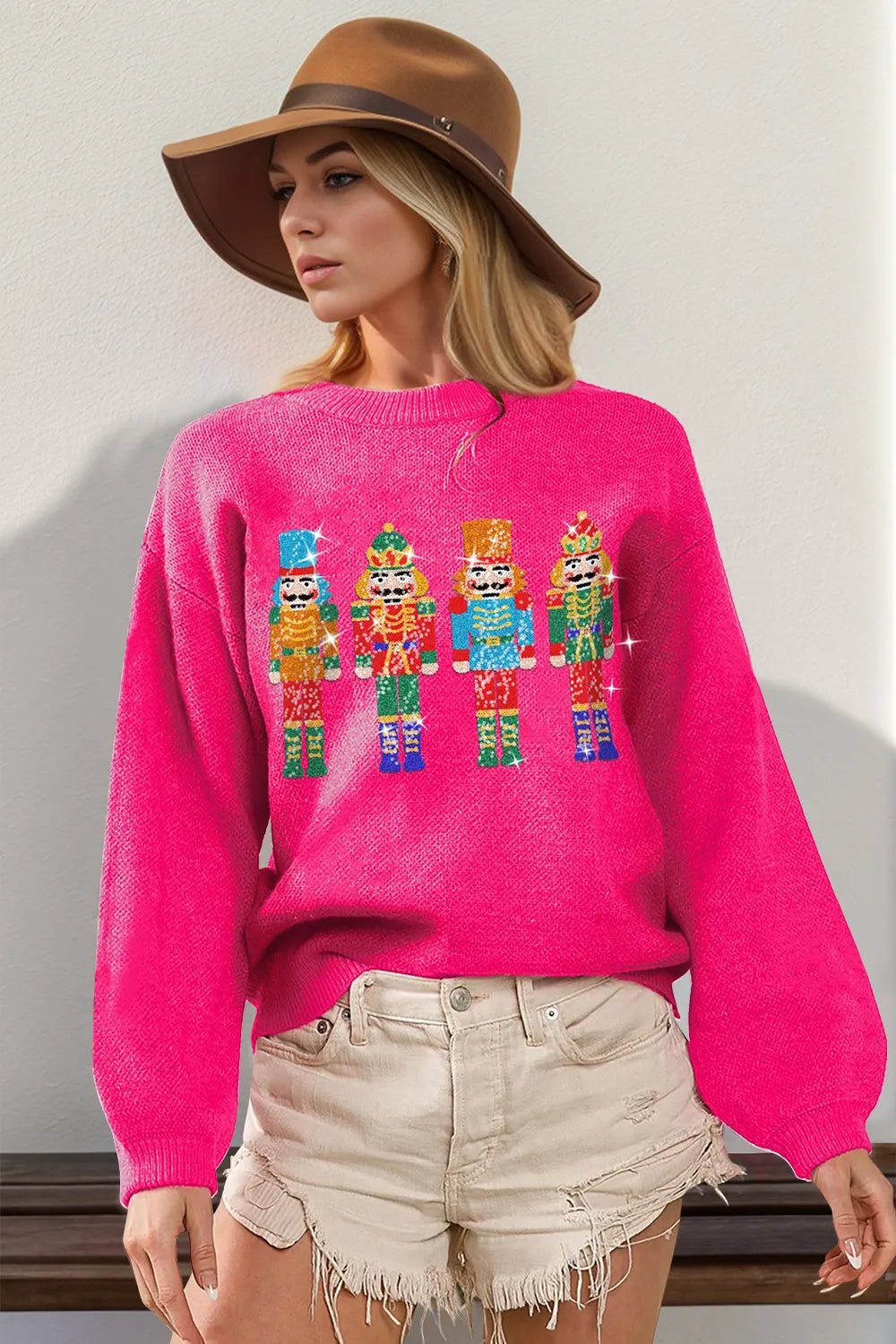 Double Take Full Size Sequin Nutcracker Long Sleeve Sweater designed for comfort and style at Lookzlike