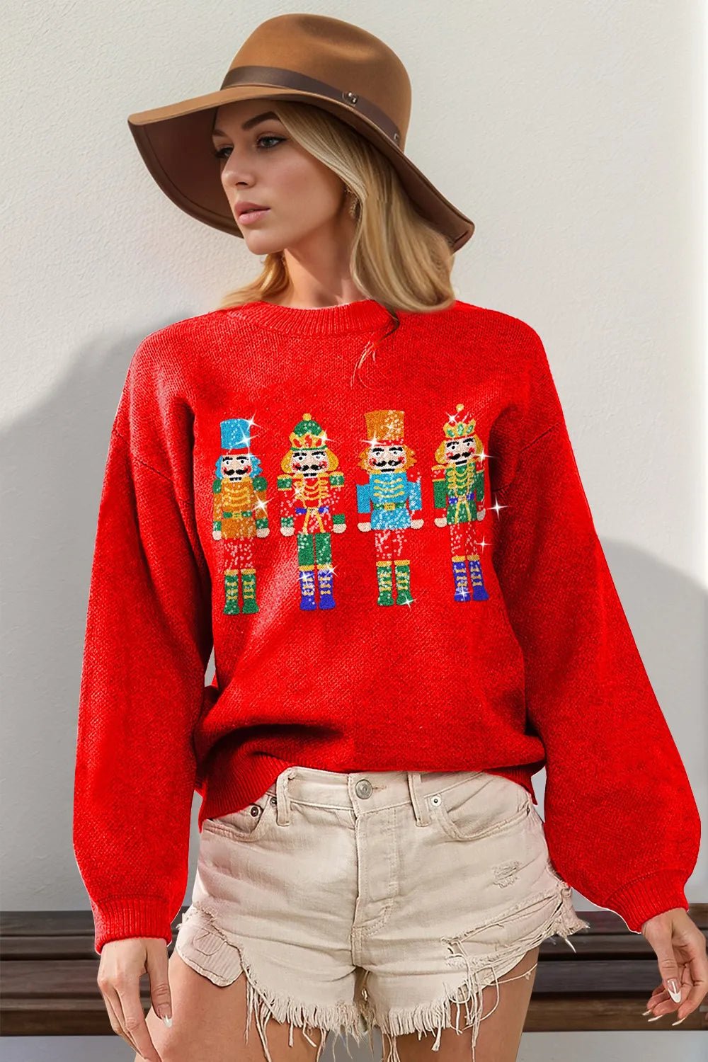 Double Take Full Size Sequin Nutcracker Long Sleeve Sweater designed for comfort and style at Lookzlike