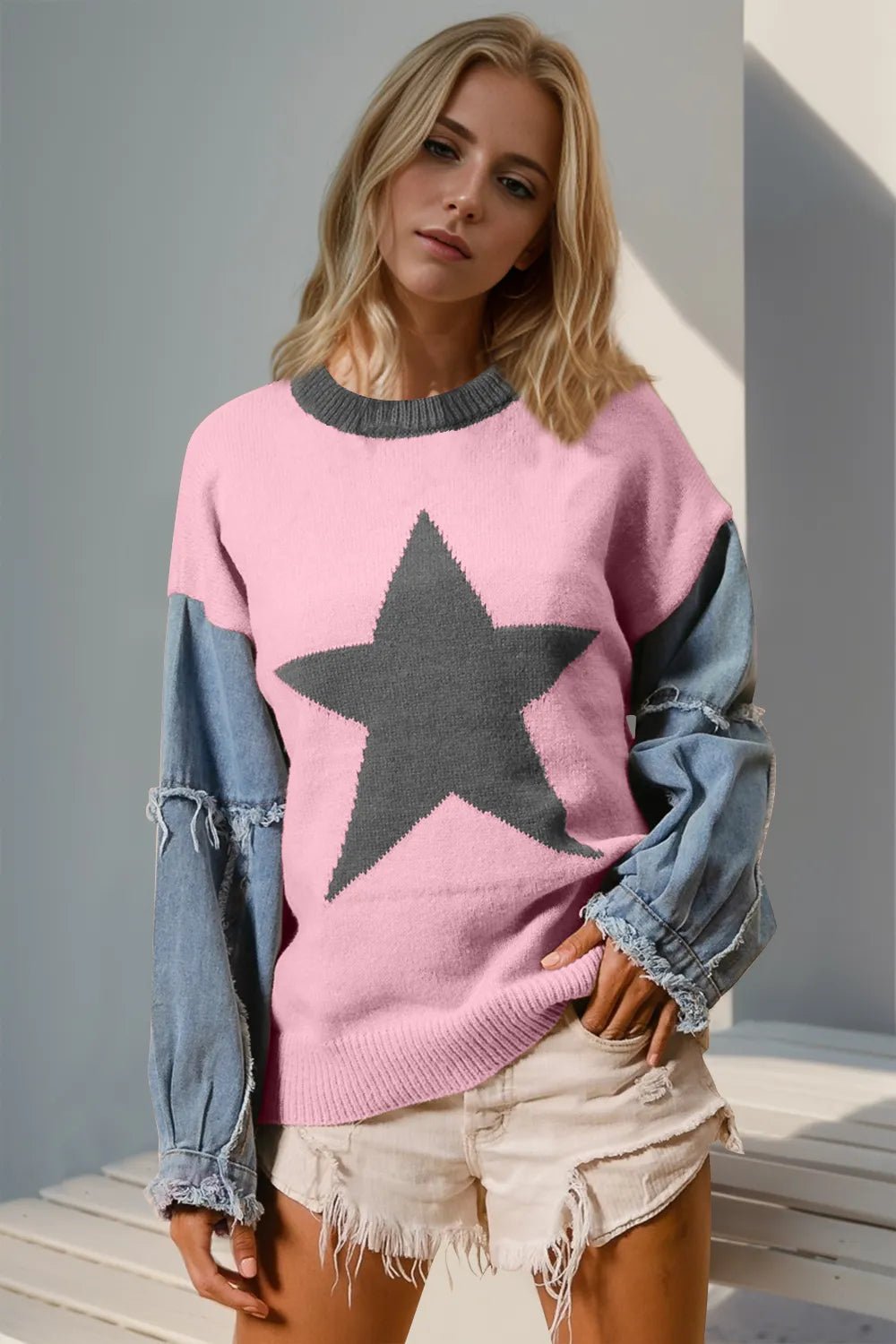 Double Take Full Size Star Pattern Raw Edge Long Sleeve Sweater designed for comfort and style at Lookzlike