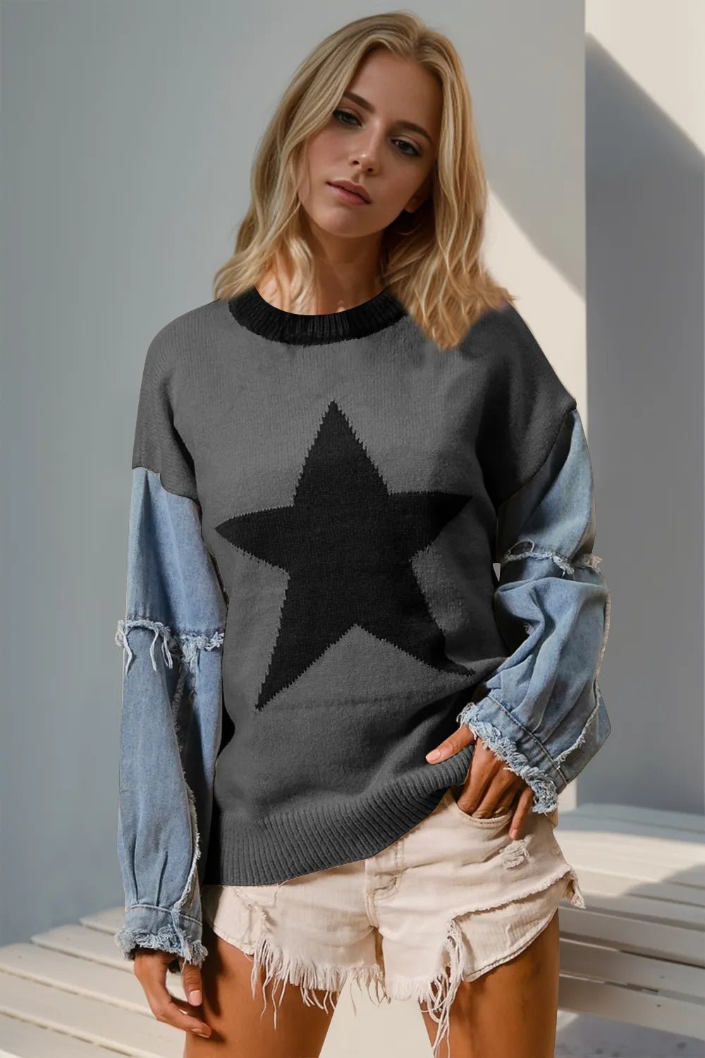 Double Take Full Size Star Pattern Raw Edge Long Sleeve Sweater designed for comfort and style at Lookzlike