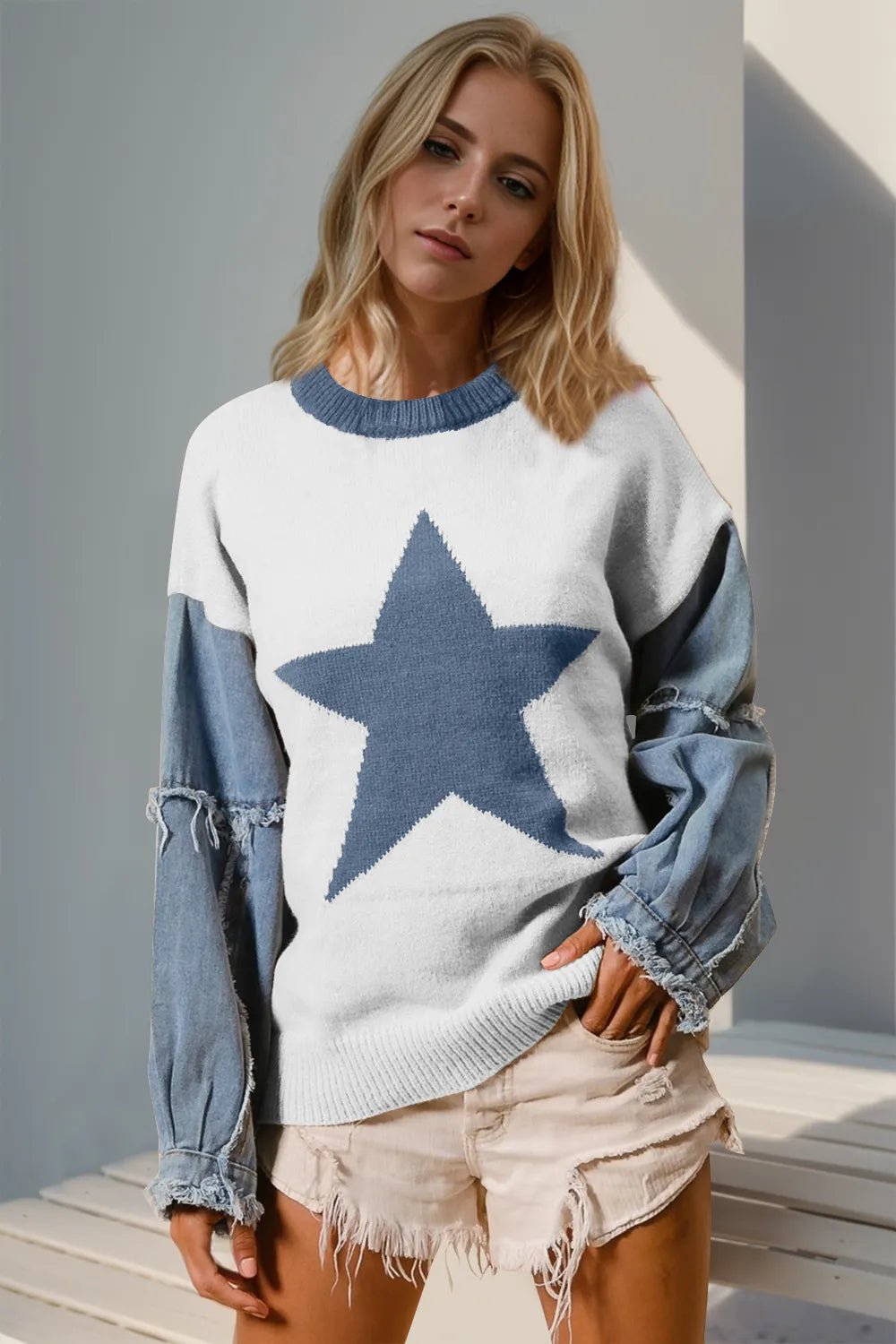 Double Take Full Size Star Pattern Raw Edge Long Sleeve Sweater designed for comfort and style at Lookzlike