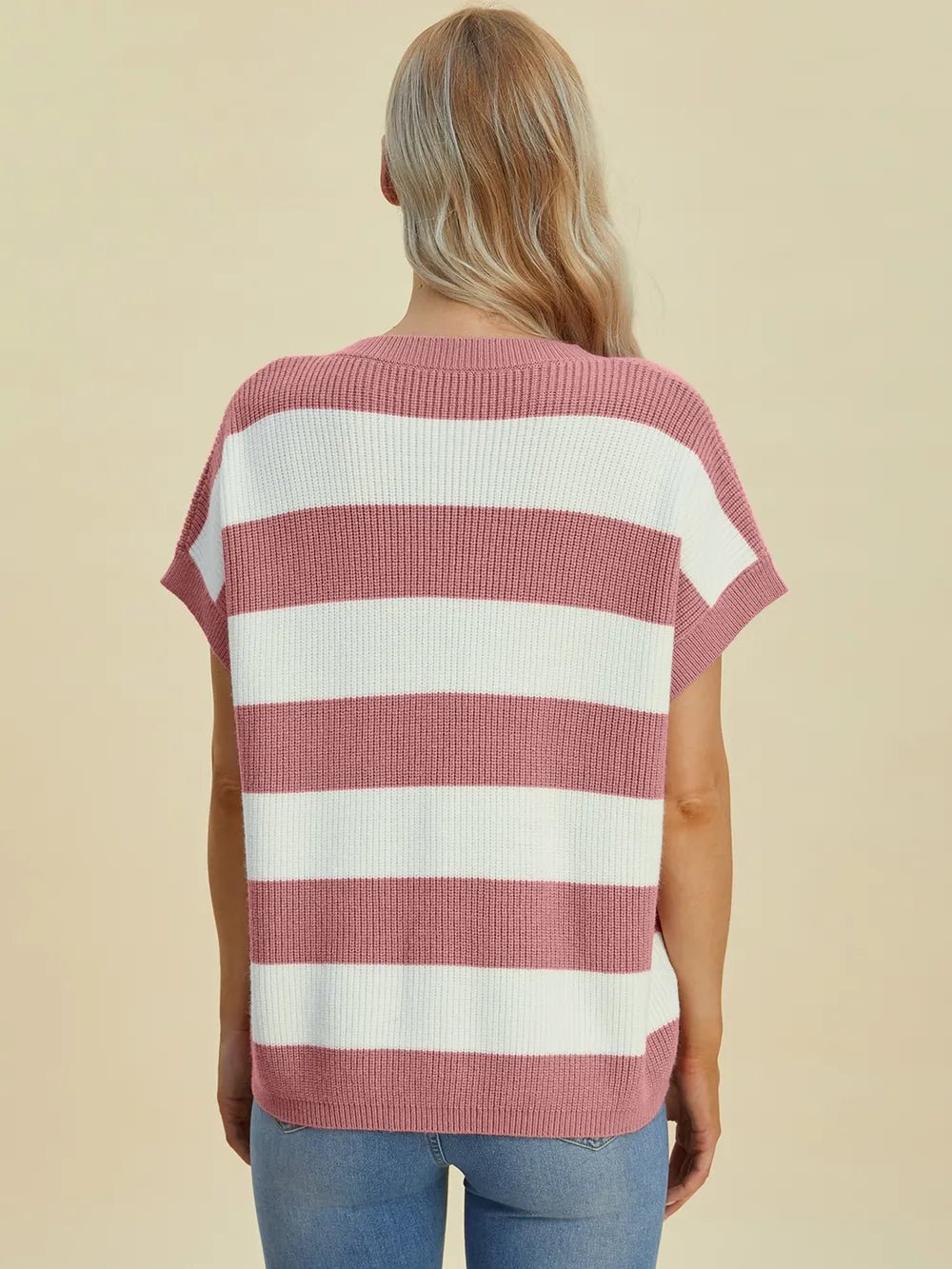 Double Take Full Size Striped V-Neck Short Sleeve Sweater - Lookzlike