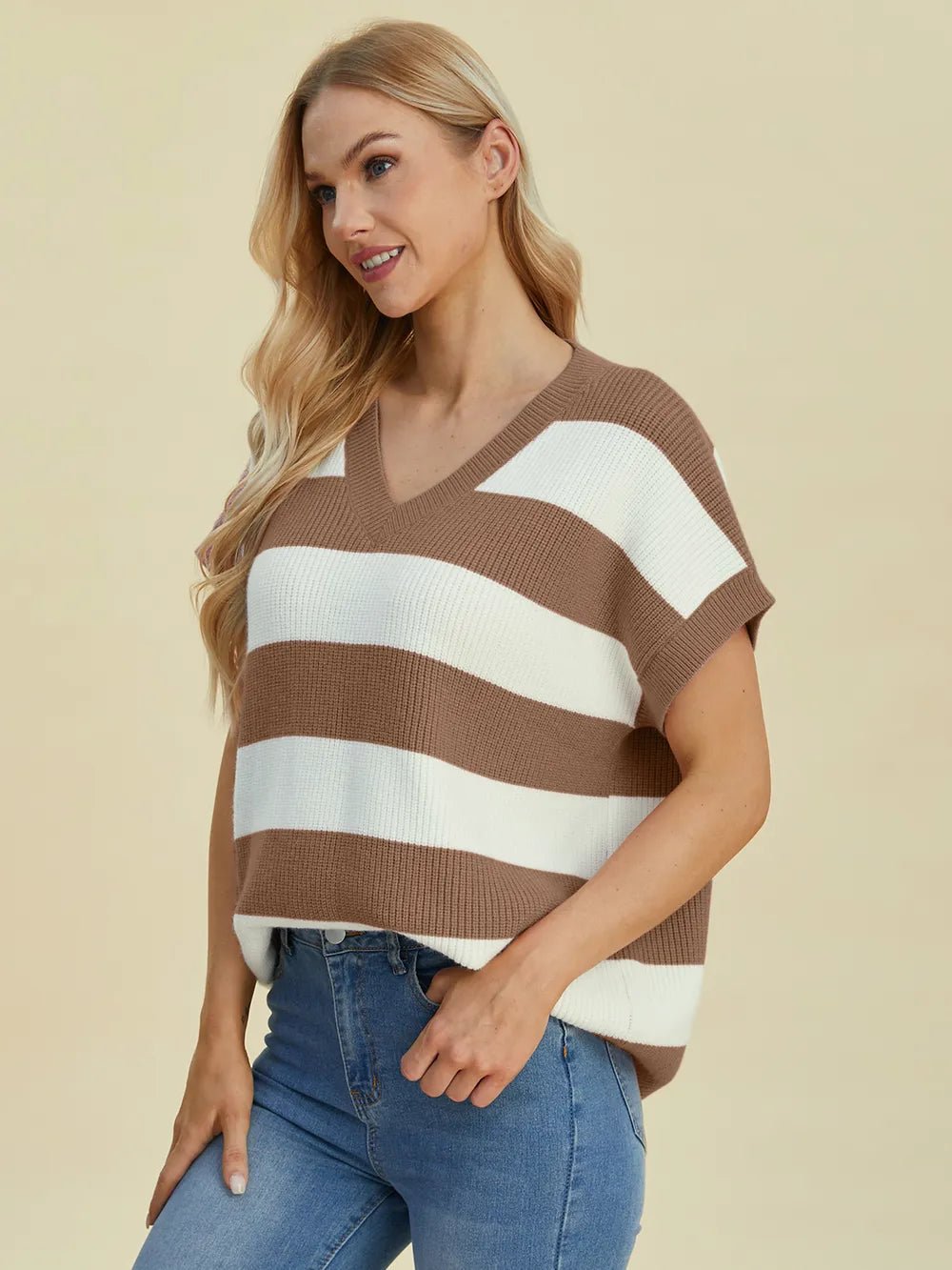 Double Take Full Size Striped V-Neck Short Sleeve Sweater - Lookzlike