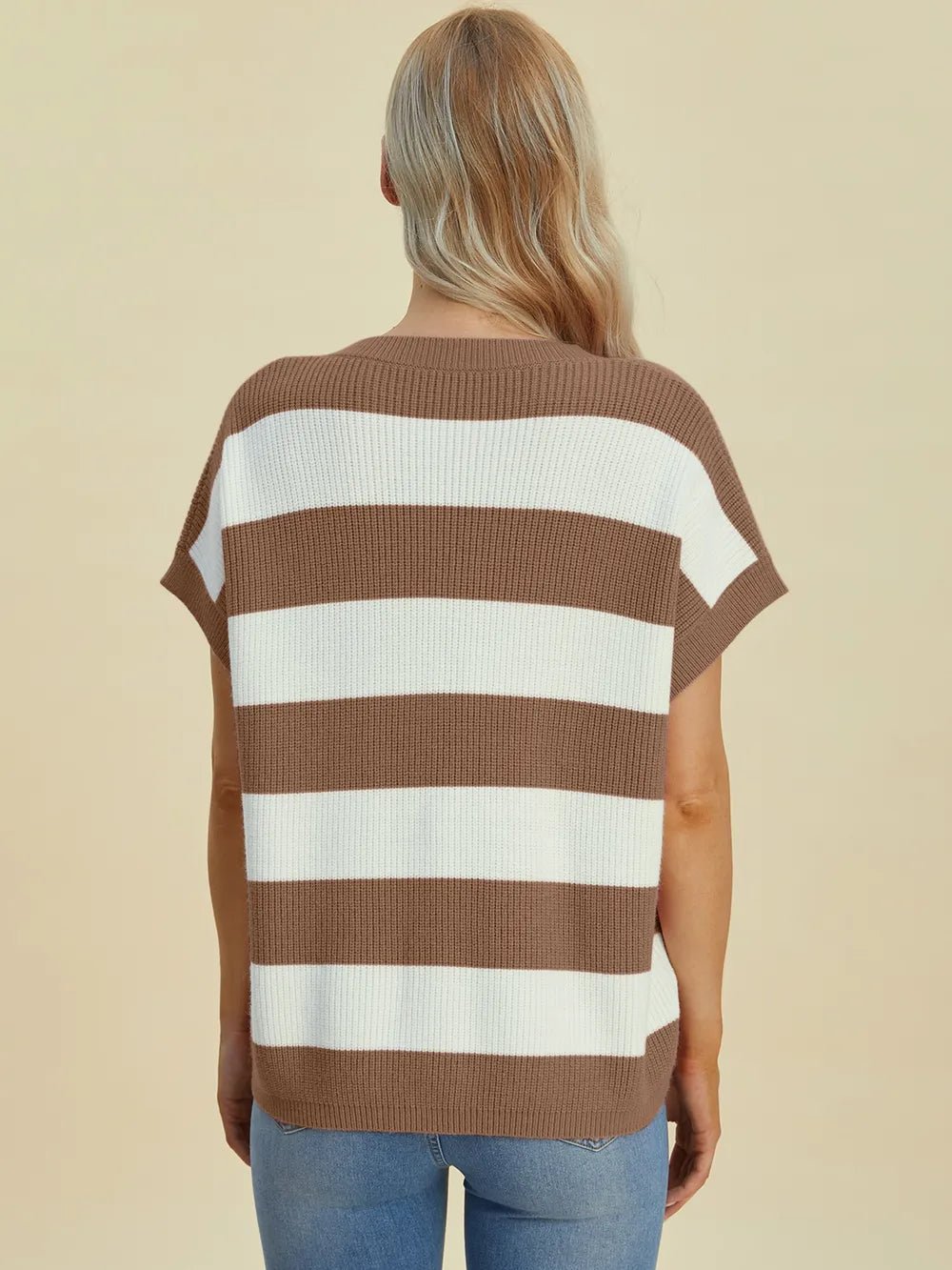 Double Take Full Size Striped V-Neck Short Sleeve Sweater - Lookzlike