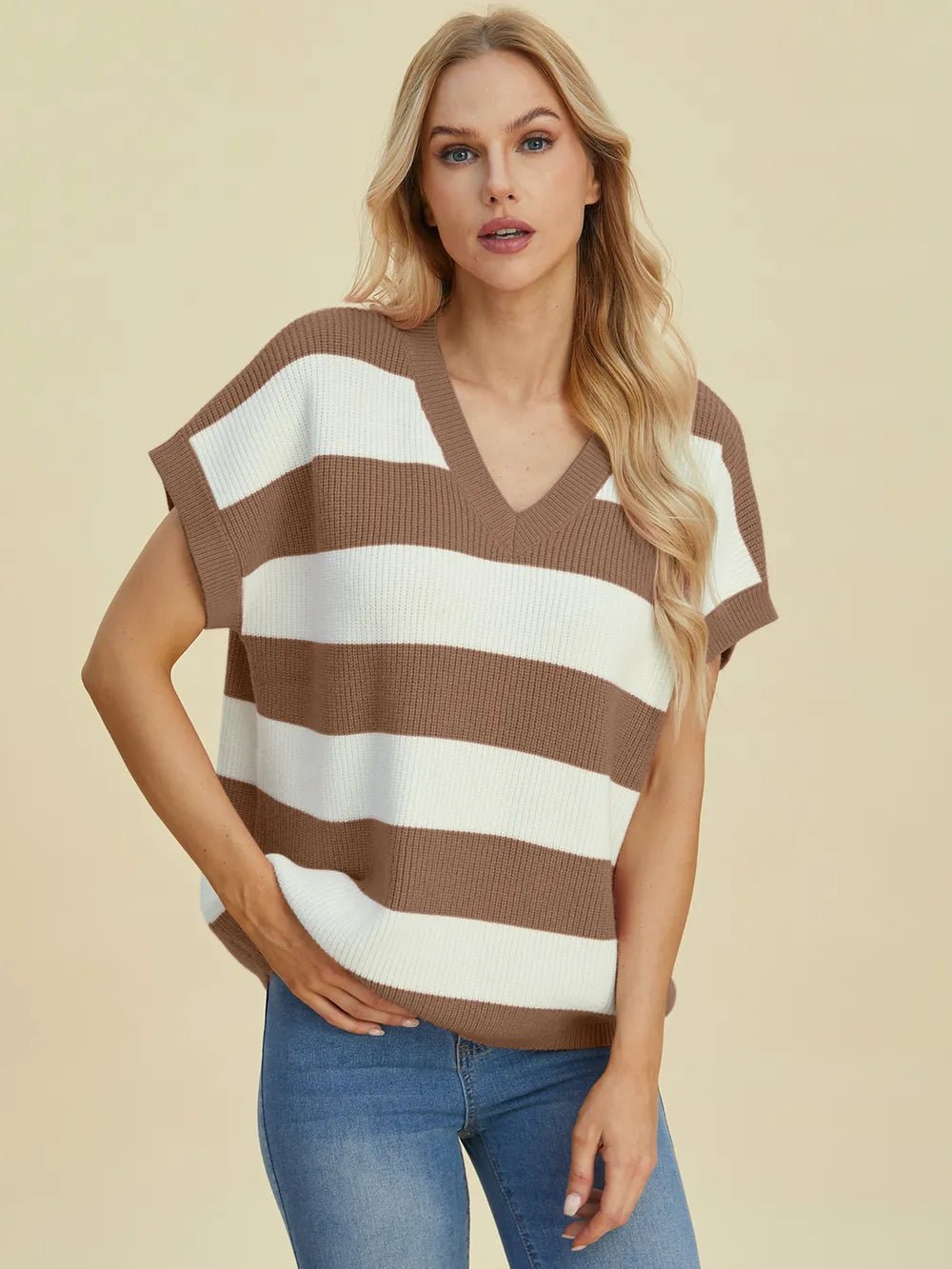 Double Take Full Size Striped V-Neck Short Sleeve Sweater - Lookzlike