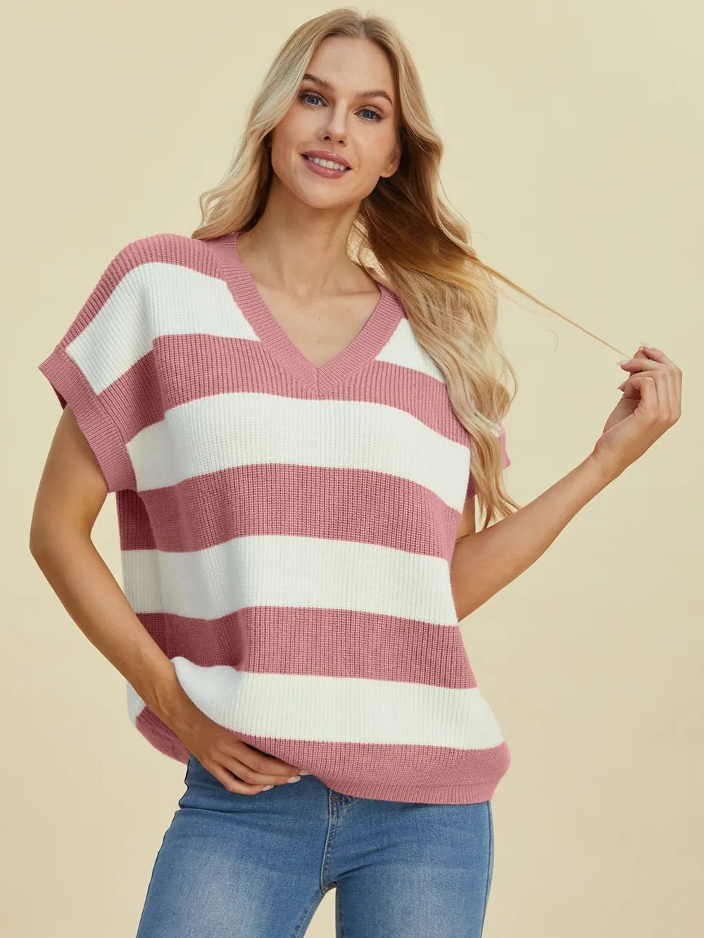 Double Take Full Size Striped V-Neck Short Sleeve Sweater - Lookzlike