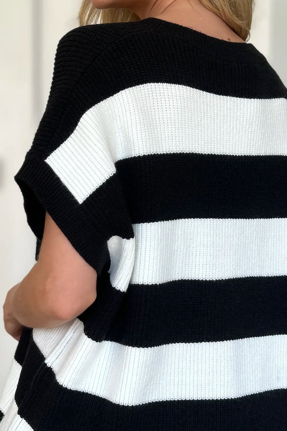 Double Take Full Size Striped V-Neck Short Sleeve Sweater - Lookzlike