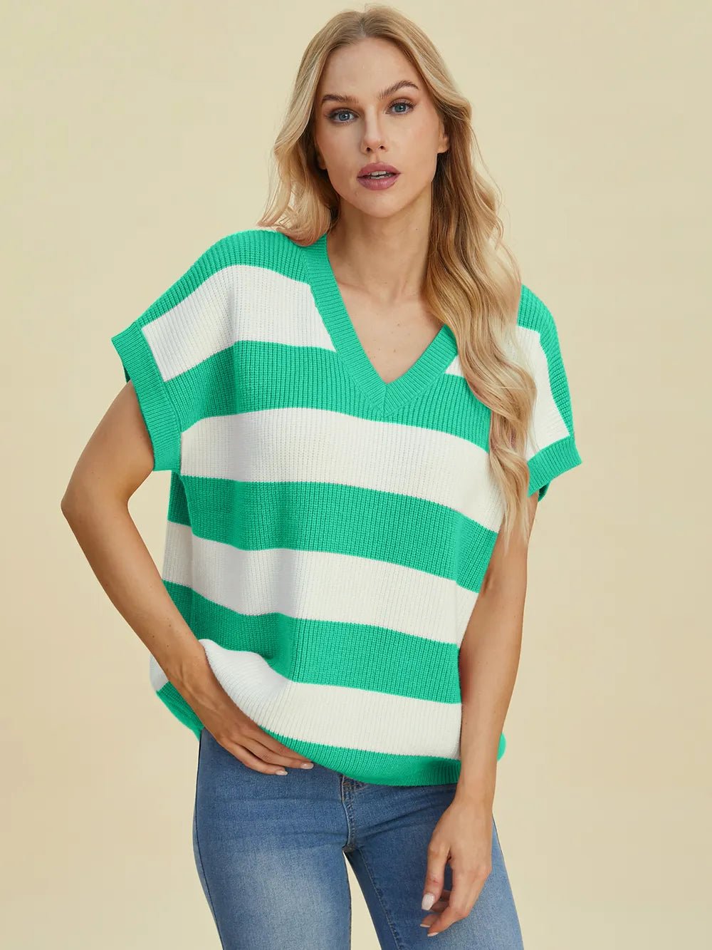 Double Take Full Size Striped V-Neck Short Sleeve Sweater - Lookzlike
