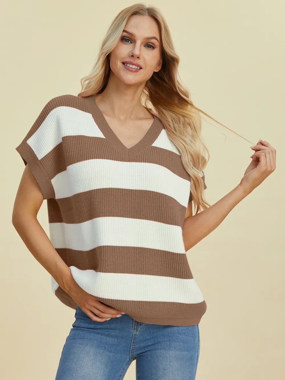 Double Take Full Size Striped V-Neck Short Sleeve Sweater - Lookzlike