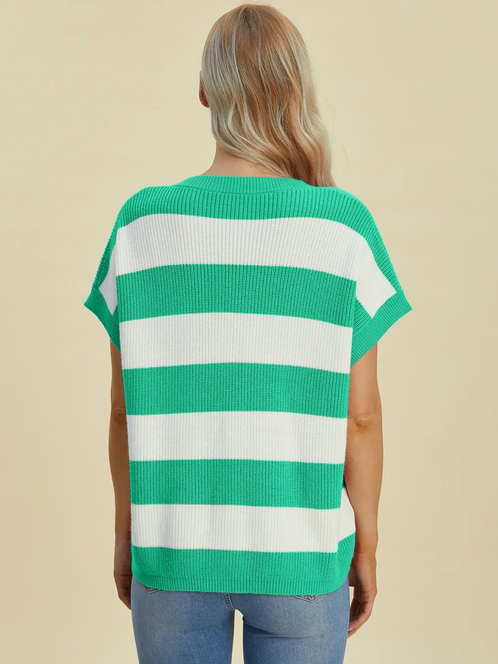 Double Take Full Size Striped V-Neck Short Sleeve Sweater - Lookzlike