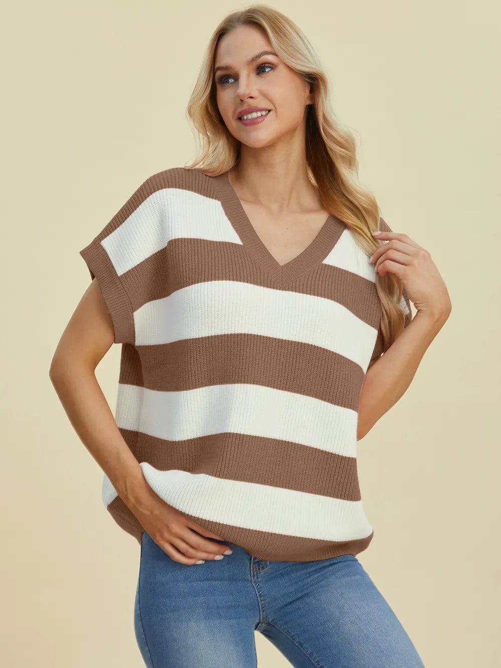Double Take Full Size Striped V-Neck Short Sleeve Sweater - Lookzlike