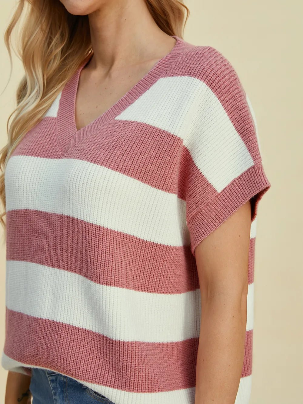 Double Take Full Size Striped V-Neck Short Sleeve Sweater - Lookzlike