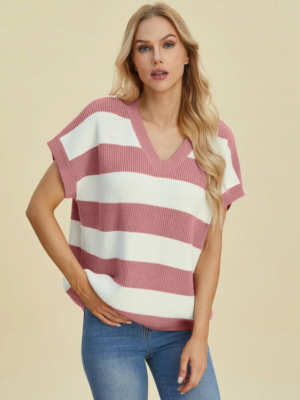 Double Take Full Size Striped V-Neck Short Sleeve Sweater - Lookzlike