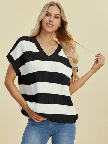 Double Take Full Size Striped V-Neck Short Sleeve Sweater - Lookzlike