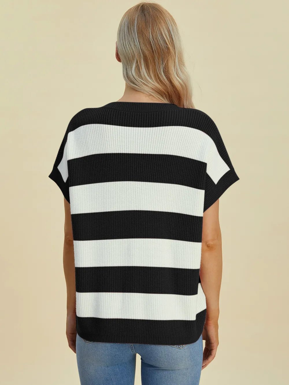 Double Take Full Size Striped V-Neck Short Sleeve Sweater - Lookzlike