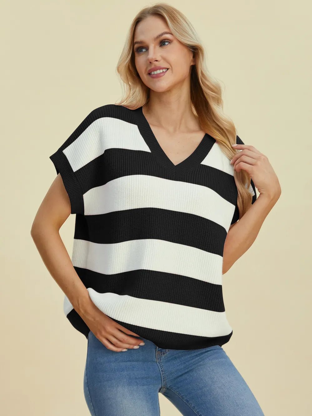 Double Take Full Size Striped V-Neck Short Sleeve Sweater - Lookzlike