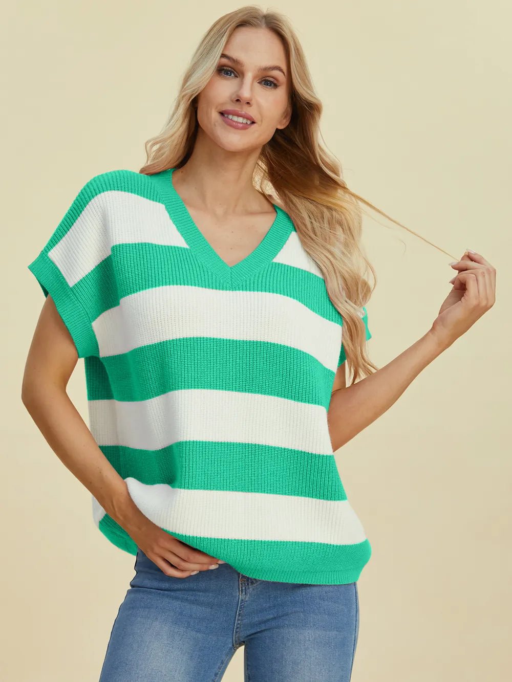 Double Take Full Size Striped V-Neck Short Sleeve Sweater - Lookzlike