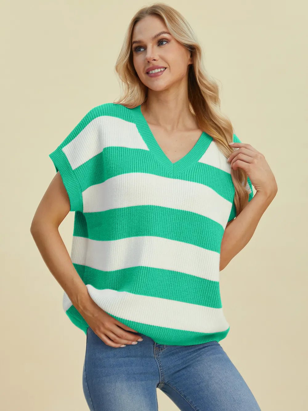 Double Take Full Size Striped V-Neck Short Sleeve Sweater - Lookzlike