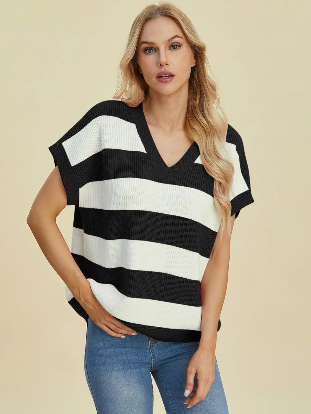 Double Take Full Size Striped V-Neck Short Sleeve Sweater - Lookzlike